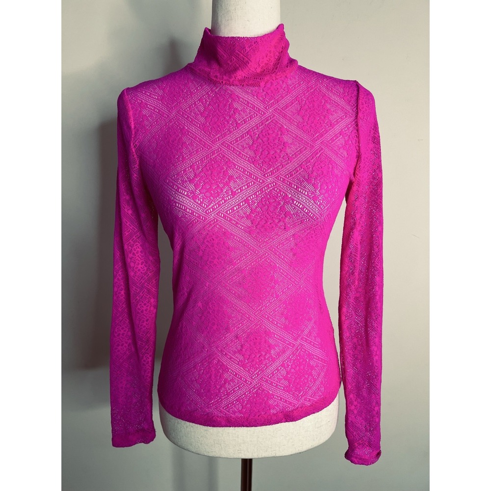 Anthropologie Womens XS Hot Pink Sheer Lace Mock Neck Top Long Sleeve Coquette
